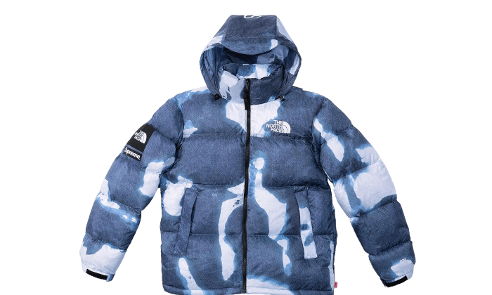 Supreme The North Face Bleached Denim Print Nuptse Jacket Blue